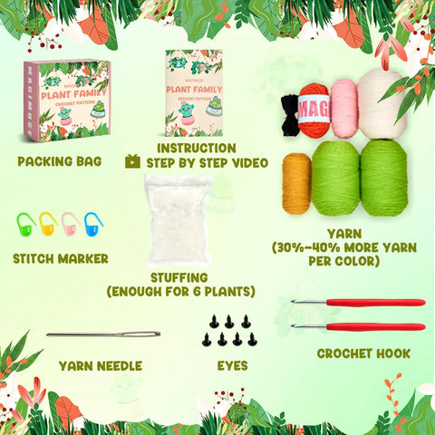 Beginner Crochet Kit For Amigurumi And Plant Plushies, All-In-One Starter Set With Step-By-Step Video Guides layout and contents.