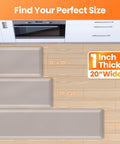Ultra Thick 1 Inch Anti Fatigue Kitchen Mat 20 By 39 Inches Non Slip Waterproof Floor Mat For Standing Desk Kitchen Sink And Home Office Khaki Perfect For Countertops And Long Meal Prep Sessions shown in three sizes: 32x20, 39x20, 72x20 on a kitchen floor.