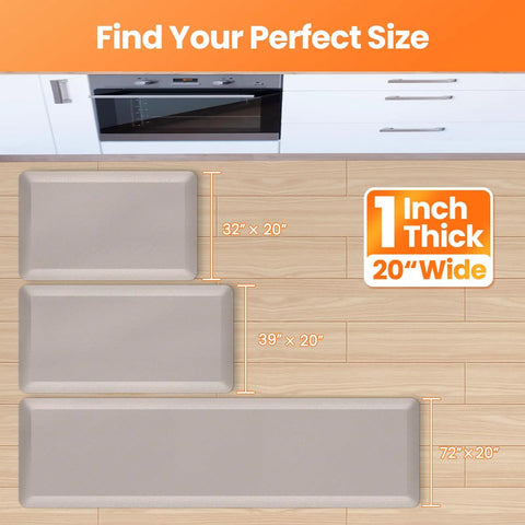 Ultra Thick 1 Inch Anti Fatigue Kitchen Mat 20 By 39 Inches Non Slip Waterproof Floor Mat For Standing Desk Kitchen Sink And Home Office Khaki Perfect For Countertops And Long Meal Prep Sessions shown in three sizes: 32x20, 39x20, 72x20 on a kitchen floor.