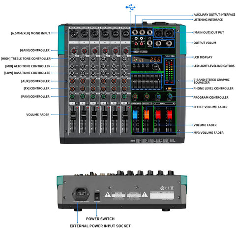 Front and back view of 6-Channel DJ Mixer With DSP Effects, 48V Phantom Power, USB And Bluetooth, MP3 Playback And Computer Recording