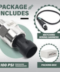 Heavy Duty 100 Psi Pressure Transducer Sensor With 1/8 Inch NPT 27 NPT Thread Stainless For Oil Fuel Air Water Pressure Harness Plug And Play Output 0.5V To 4.5V, shown with matching wiring harness and packing box.