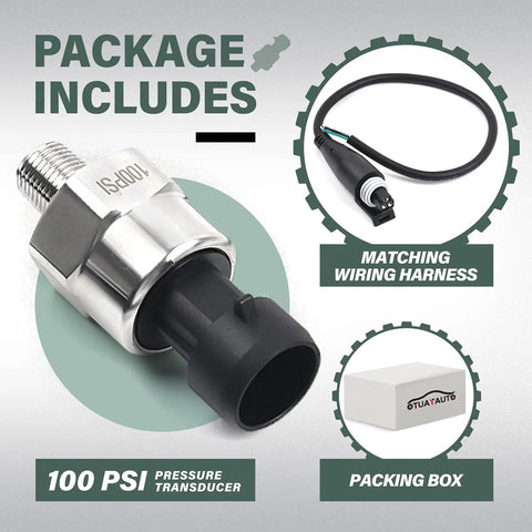 Heavy Duty 100 Psi Pressure Transducer Sensor With 1/8 Inch NPT 27 NPT Thread Stainless For Oil Fuel Air Water Pressure Harness Plug And Play Output 0.5V To 4.5V, shown with matching wiring harness and packing box.