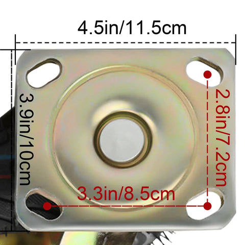 Built Like A Tank Heavy Duty 10 Inch Air Filled Rubber Swivel Caster Wheels 4 Pack base plate with dimensions marked