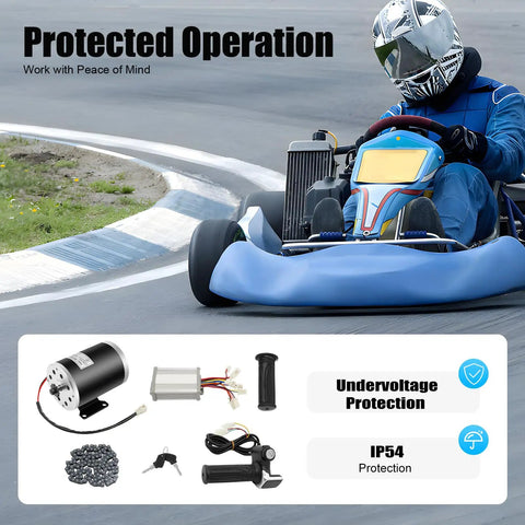 Go-kart with 48V 1000W Brushed Motor Kit with 3000 RPM Output and 26A Adjustable Speed Controller on track.
