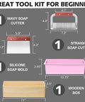 Rectangular Soap Mold Kit With Cutter For DIY Soap Making, 42oz Flexible Silicone Loaf Mold With Wooden Box And Stainless Steel Wavy And Straight Scrapers shown in diagram.