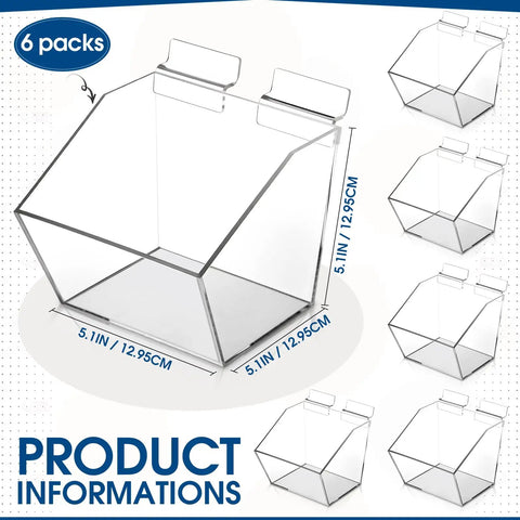 Six Clear Slatwall Bins With Integrated Hooks Mount Hanging Organizer 5.1 x 5.1 x 5.1 Inch for storage, shown in multiple views