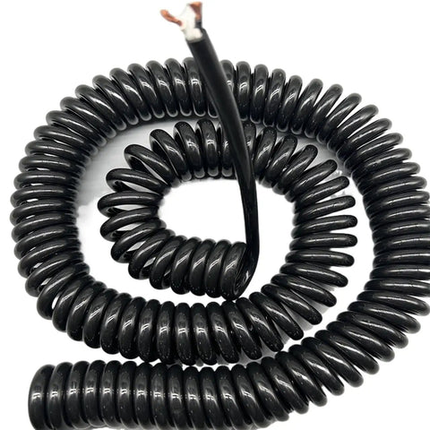 Heavy Duty Two Core Coiled Extension Cord With Smooth Retractable Stretch Design That Handles Power Draws Like A Champ And Keeps Your Setup Snappy For Zero Tangling Hassles Indoors Or Outdoors, coiled black cord.