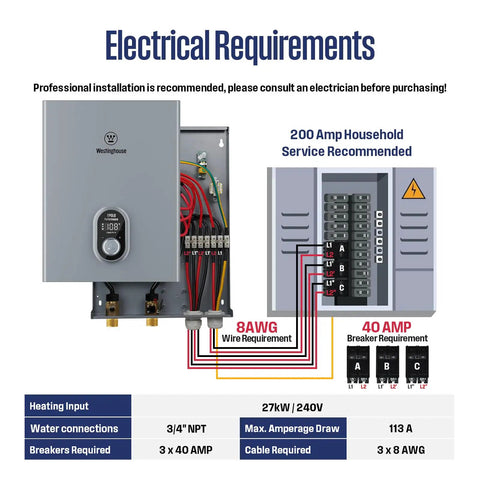 Electric Tankless Water Heater 27Kw 240V Whole House Model electrical requirements guide with wiring and amp specifications.