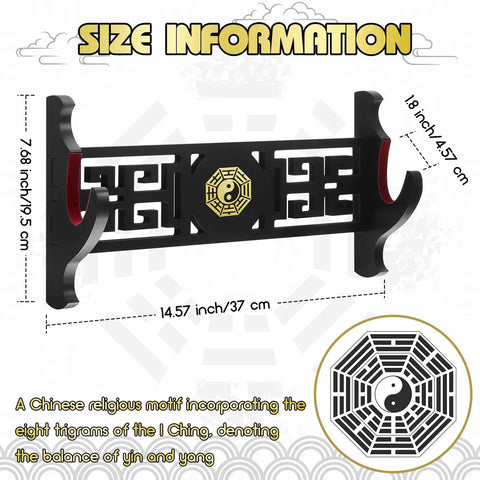 One Tier Katana Wall Mount Sword Holder With Red Velvet Padding, Vintage Bagua Pattern Display Rack showing size dimensions