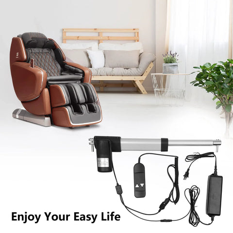Electric recliner actuator replacement kit with remote and power adapter shown beside a brown leather lift chair.