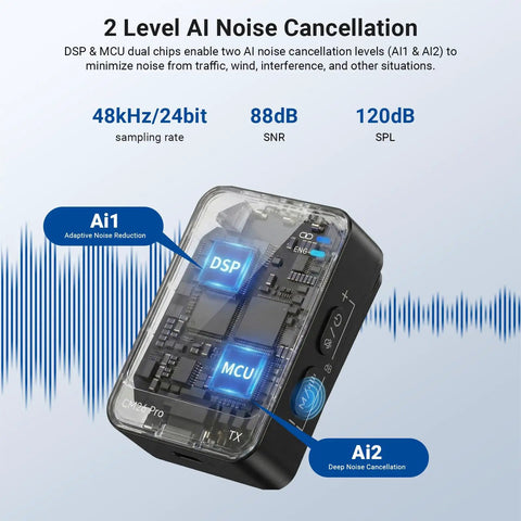 AI Wireless Lavalier Microphone For iPhone Android Camera And PC With Dual DSP MCU Noise Cancellation Levels A1 A2