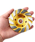 5 Piece Turbo Diamond Grinding Cup Wheels For Angle Grinders 4 Inch showing a hand holding a heavy duty turbo disc for concrete and tile.
