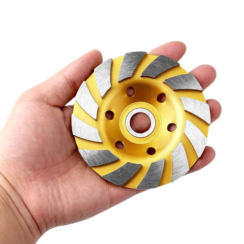 5 Piece Turbo Diamond Grinding Cup Wheels For Angle Grinders 4 Inch showing a hand holding a heavy duty turbo disc for concrete and tile.