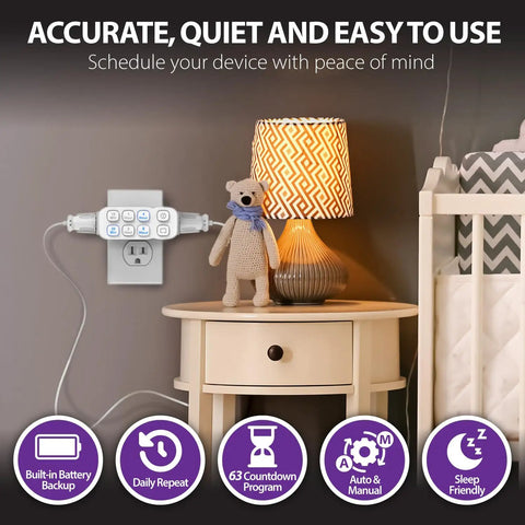 Foolproof Dual Outlet Countdown Plug In Timer For Indoor Lights And Appliances No Sweat Programmable Electric Socket with a lamp and teddy bear.