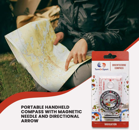 Hiking And Backpacking Compass For Quick Navigation Dope Field Tool displayed in packaging next to person reading a map.