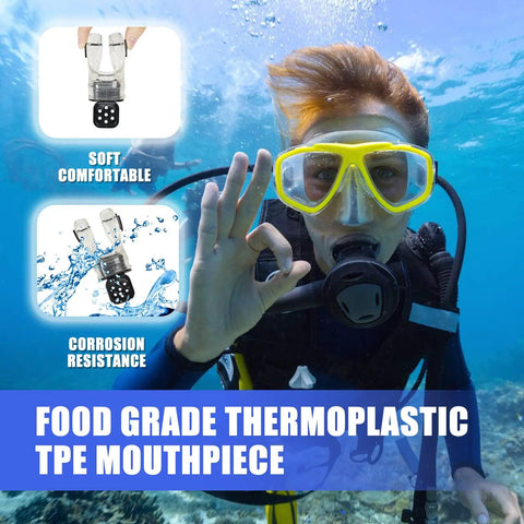 Diver using Bite Moldable Scuba Diving Mouthpiece For Comfy Fit, TPE Snorkel Regulator Mouthpiece With Regulator Tie underwater