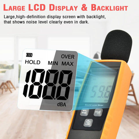 Portable Handheld Sound Level Meter For Indoor And Outdoor Noise Testing, 30 To 130 dB, Backlit LCD Display, Max Min Hold Functions showing large LCD backlight