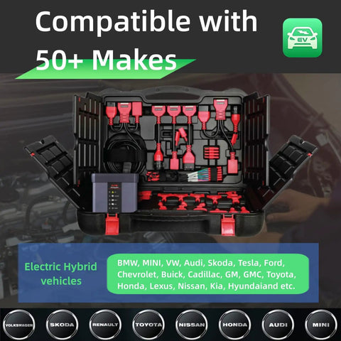 Straight Up Pro Shop EV Diagnostic Cable transforms your tablet to a heavy duty electric vehicle scanner tool featuring live topology maps, showing tools in a case.