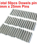 5mm x 25mm Metal Dowel Pins 50 Pack For Wood Furniture And Shelves, M5 Shelf Pegs, precision-ground steel pins, close-up view