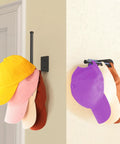 Heavy Duty Stainless Steel Hat Organizer And Hat Rack For Wall displaying colorful baseball caps on black wall mount.