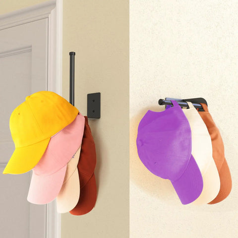 Heavy Duty Stainless Steel Hat Organizer And Hat Rack For Wall displaying colorful baseball caps on black wall mount.