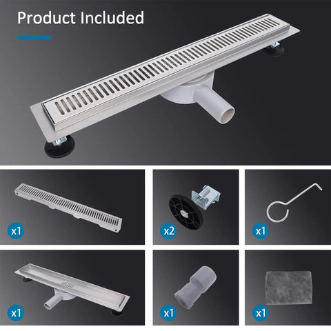 Slick Matte Black Linear Shower Drain Cut From Heavy Duty 304 Stainless Steel with siphon and strainer accessories.