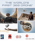 Collage showcasing 8K 360 Drone For Immersive Flight With Motion Control Auto Return Obstacle Avoidance Foldable 249g Deep Track.