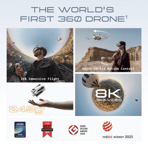 Collage showcasing 8K 360 Drone For Immersive Flight With Motion Control Auto Return Obstacle Avoidance Foldable 249g Deep Track.