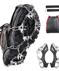 Grippy Ice Cleats For Boots And Shoes With Stainless Steel Micro Spikes, 24 Spikes XL Size, shown on boot with accessories