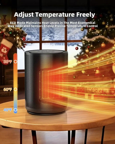 Small Space Ceramic Heater For Indoor Use showing heat adjustment levels with temperature settings in a decorated room.