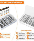 Heavy Duty Stainless Steel Hose Clamp Kit 1/4 In To 1-1/2 In, 100 Pack Worm Gear Clamps in storage case, visible sizing chart
