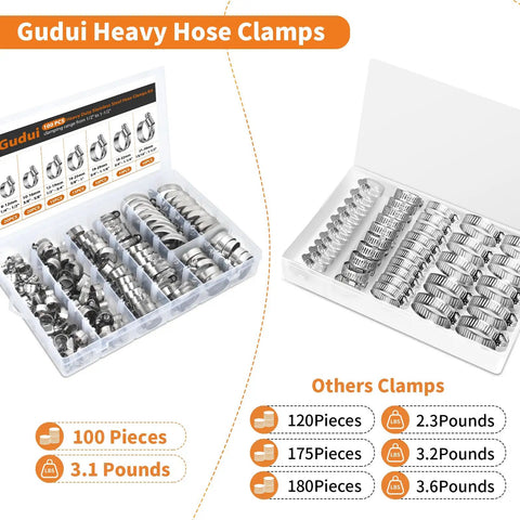 Heavy Duty Stainless Steel Hose Clamp Kit 1/4 In To 1-1/2 In, 100 Pack Worm Gear Clamps in storage case, visible sizing chart