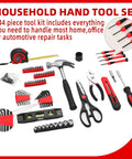 Real Deal 144 Piece Red Home Tool Set With Tough Plastic Carry Case And Essential Household Hardware Kit Featuring A Sturdy Claw Hammer Plus Assorted Screwdrivers For Apartment Garage Diy Fixes displayed with hammer, pliers, and tool assortment.