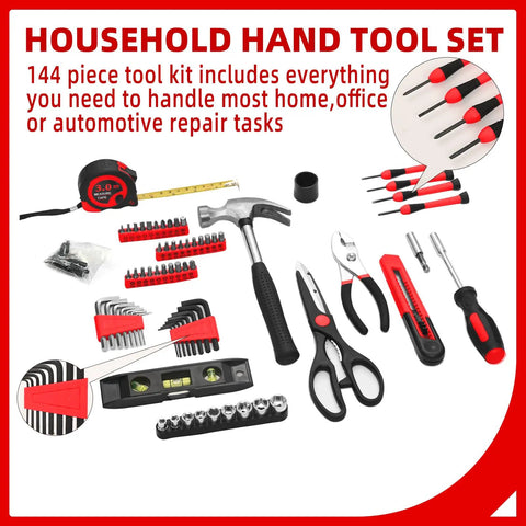Real Deal 144 Piece Red Home Tool Set With Tough Plastic Carry Case And Essential Household Hardware Kit Featuring A Sturdy Claw Hammer Plus Assorted Screwdrivers For Apartment Garage Diy Fixes displayed with hammer, pliers, and tool assortment.