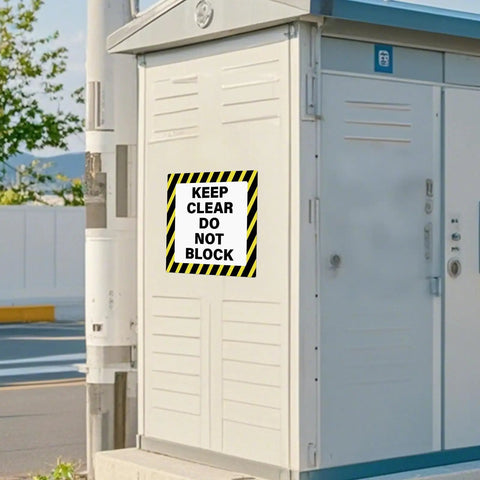 Keep Clear Do Not Block Sign 17 By 17 Inches 5 Pack Self Adhesive Waterproof Vinyl Safety Stickers For Factory Warehouse and Workplace Caution Warning Signage installed on metal structure
