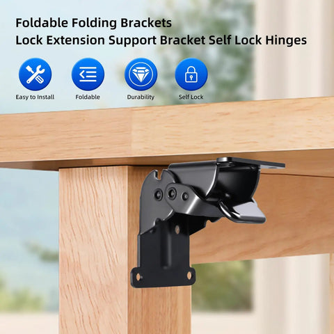 Heavy Duty Folding Brackets 4 Pack With Screws, Self Locking Steel Hinges For Table Legs Bed Frames And Workbenches, Rock Solid Legit Job Site Support Brackets In Black mounted on a wooden table leg.