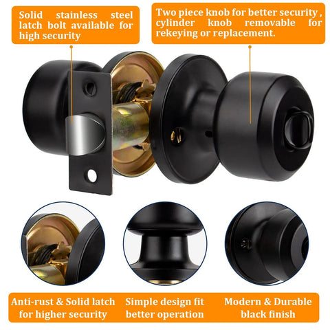 15 Pack Keyless Matte Black Door Knobs With Privacy Interior Lock For Bedroom And Bathroom Doors, close-up view showing details