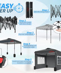 10x10 Pop Up Canopy With Sidewalls For Parties And Events, Easy Up Instant Setup instructions showing step-by-step assembly
