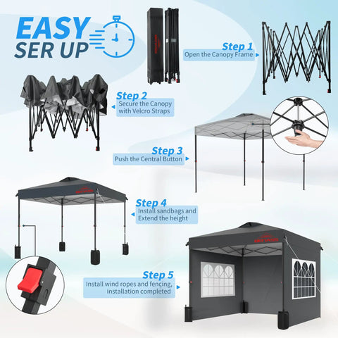 10x10 Pop Up Canopy With Sidewalls For Parties And Events, Easy Up Instant Setup instructions showing step-by-step assembly