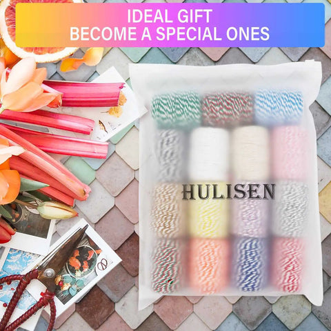 Colorful Jute Twine 2mm 3 Strands For Arts And Crafts Gift Wrap Set 15 Rolls packaged with bright flowers and scissors on tiles.