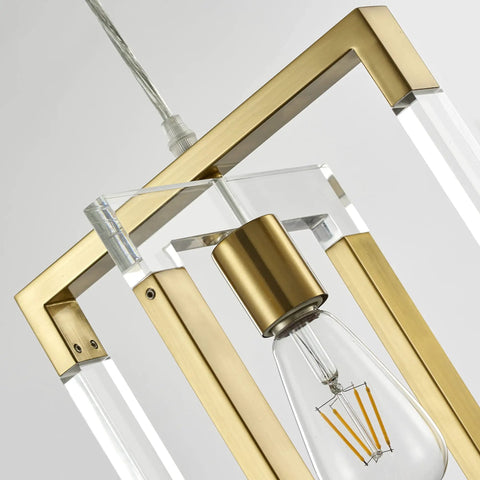 Gold Pendant Light Chandelier With Brushed Brass Finish, square acrylic and metal frame, close-up of bulb and materials