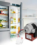 Upgrade 3015924900 Refrigerator Evaporator Fan Motor beside an open fridge filled with food and drinks