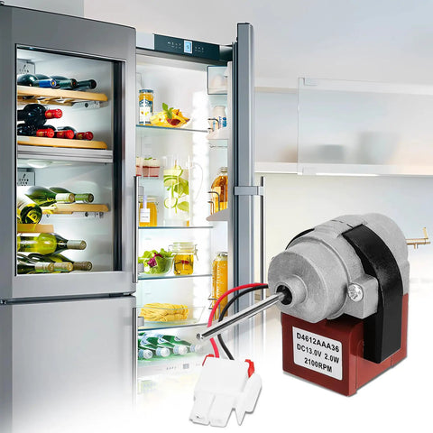 Upgrade 3015924900 Refrigerator Evaporator Fan Motor beside an open fridge filled with food and drinks