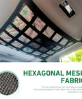Double Layer Roof Cargo Net With 9 Straps, Zippered Pocket And Double Mesh Storage for Cars under a car roof, hexagonal mesh fabric.