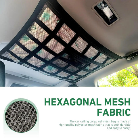 Double Layer Roof Cargo Net With 9 Straps, Zippered Pocket And Double Mesh Storage for Cars under a car roof, hexagonal mesh fabric.