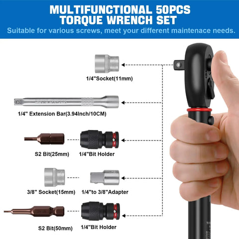 Built To Last 1/4 Inch Torque Wrench Set, 50 Piece Kit With 3-25 Nm Range detailed view with components labeled