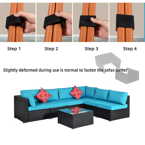 Pack Of 10 Outdoor Patio Wicker Rattan Furniture Alignment Clips For Sectional Sofas And Chairs Non Slip 2.14 Inch M Size Easy Install Keep Modules From Shifting To Maintain A Clean Seamless Look, shown securing orange tubing and teal sectional sofa.