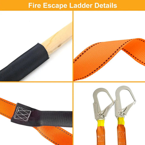 Close-up of Heavy Duty Fire Escape Ladder With Two Heavy Hooks, 33.1 Feet Emergency Rope Ladder details in orange, polyester, hook.