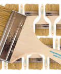 24 Pack 4 Inch Chip Paint Brushes With Disposable Natural China Bristles, Square Trim, Solid Wood Handles shown arranged.