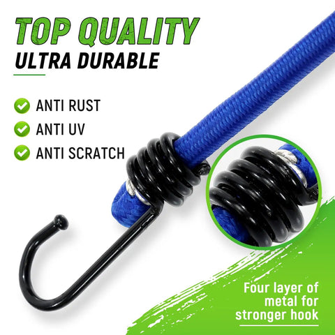 Close-up of Heavy Duty 36 Inch Bungee Cords With Hooks showing anti-rust and UV resistant features with double steel hooks.